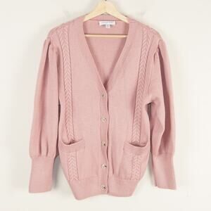 Amour Vert Pink 100% Wool Cable Knit Button Cardigan Sweater Womens Sz XL